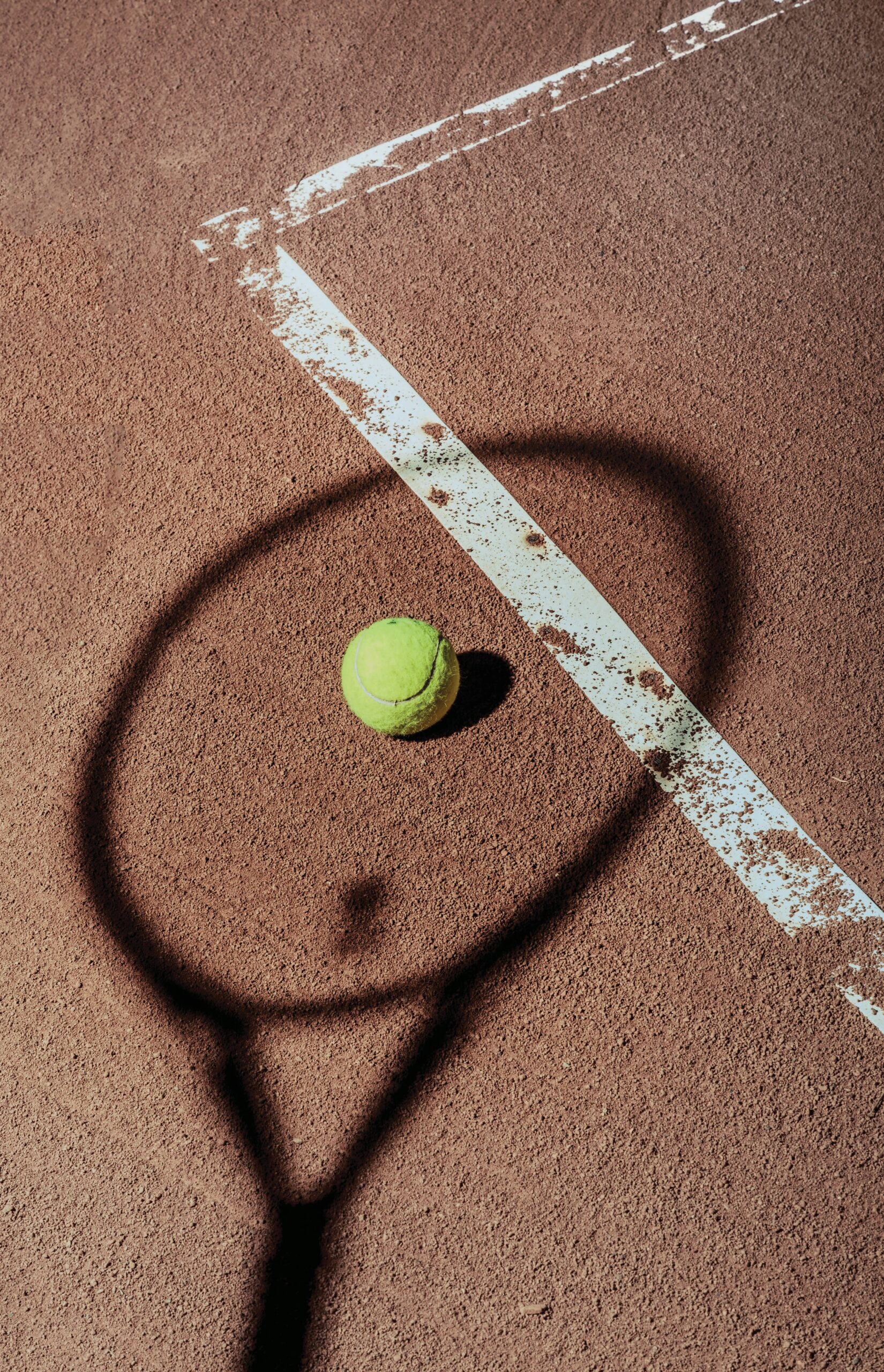 Schatten eines Tennisschlägers mit einem Tennisball drin auf rotem Sandplatz